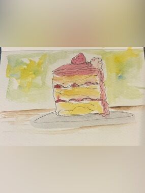 Original hand, painted watercolor, strawberry, short cake, kitchen wall decor